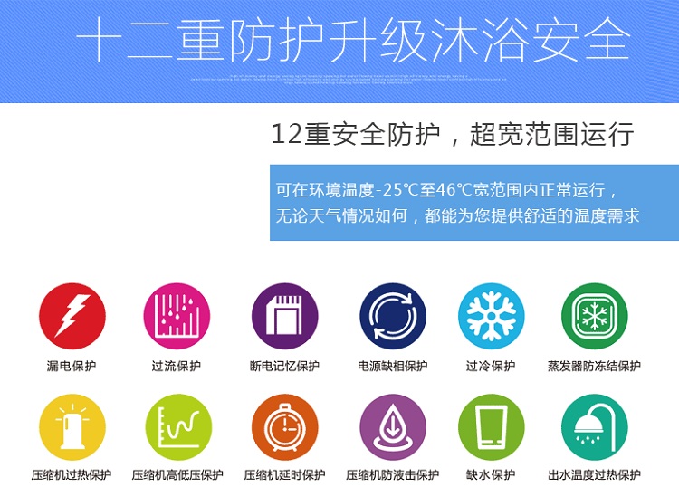 魯禹5噸-8噸商用空氣能熱水器優(yōu)缺點(diǎn)二:12重安全防護(hù)系統(tǒng) 魯禹5噸-8噸商用空氣能熱水器優(yōu)缺點(diǎn)二:12重安全防護(hù)系統(tǒng)